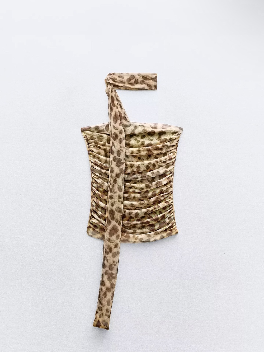 Zara Leopard Print Strapless Ruched Top in Tan and Brown